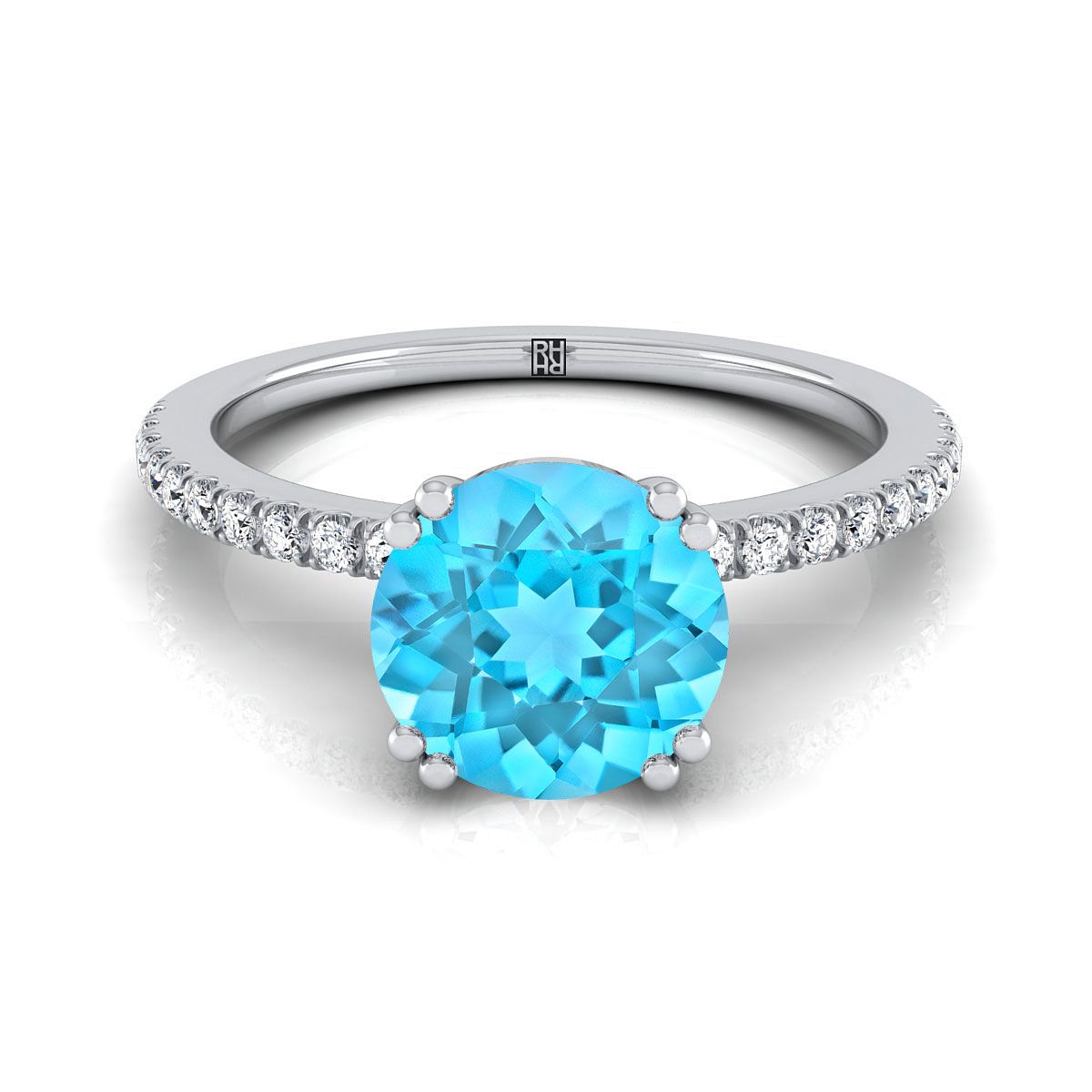 14K White Gold Round Brilliant Swiss Blue Topaz Simple French Pave Double Claw Prong Diamond Engagement Ring -1/6ctw