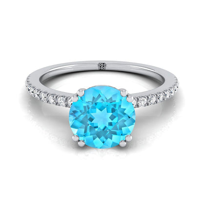 14K White Gold Round Brilliant Swiss Blue Topaz Simple French Pave Double Claw Prong Diamond Engagement Ring -1/6ctw