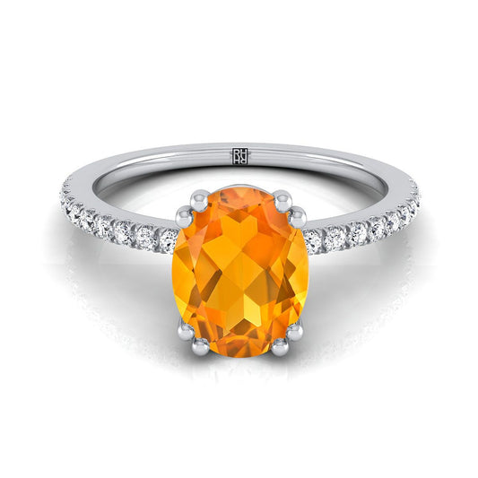 18K White Gold Oval Citrine Simple French Pave Double Claw Prong Diamond Engagement Ring -1/6ctw