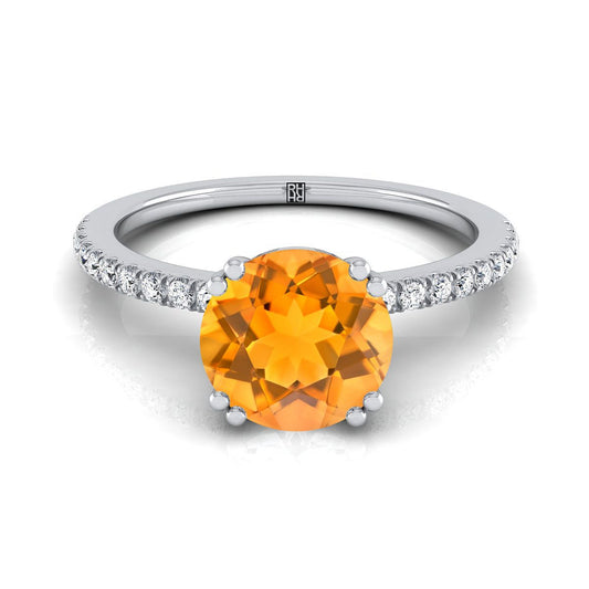 14K White Gold Round Brilliant Citrine Simple French Pave Double Claw Prong Diamond Engagement Ring -1/6ctw
