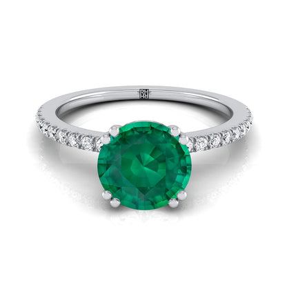 14K White Gold Round Brilliant Emerald Simple French Pave Double Claw Prong Diamond Engagement Ring -1/6ctw