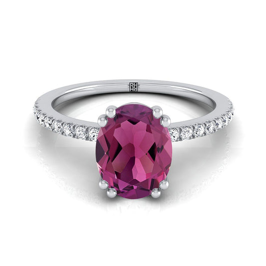 Platinum Oval Garnet Simple French Pave Double Claw Prong Diamond Engagement Ring -1/6ctw