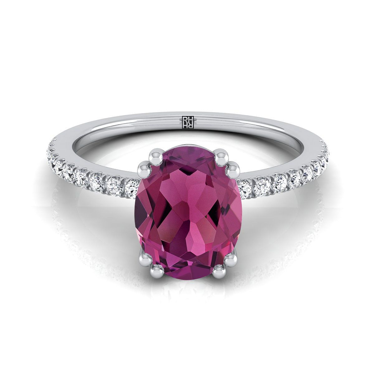 14K White Gold Oval Garnet Simple French Pave Double Claw Prong Diamond Engagement Ring -1/6ctw