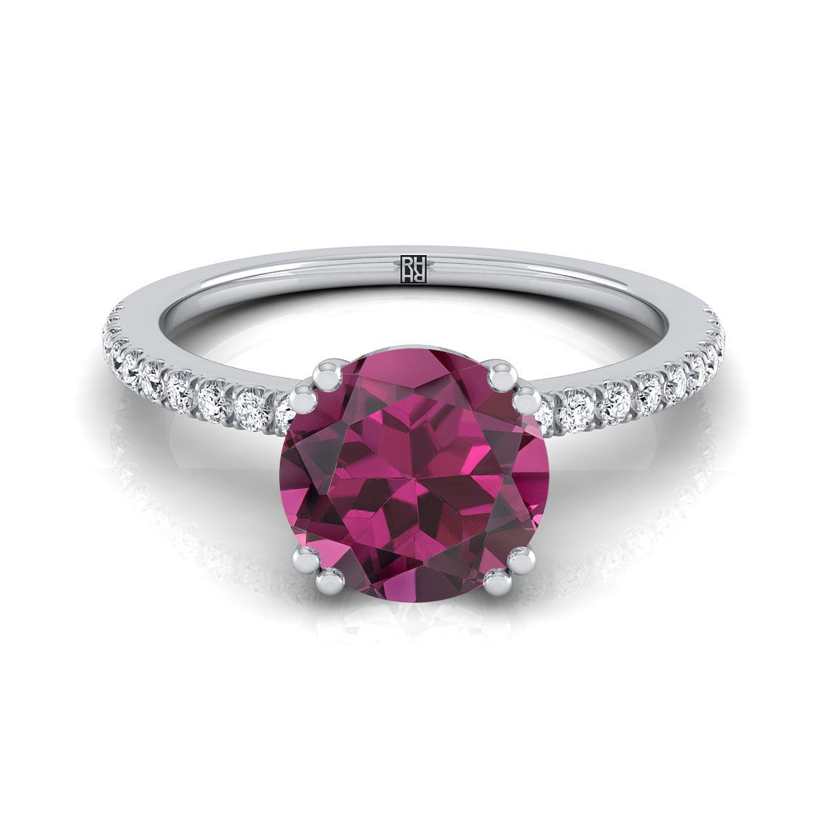 Platinum Round Brilliant Garnet Simple French Pave Double Claw Prong Diamond Engagement Ring -1/6ctw
