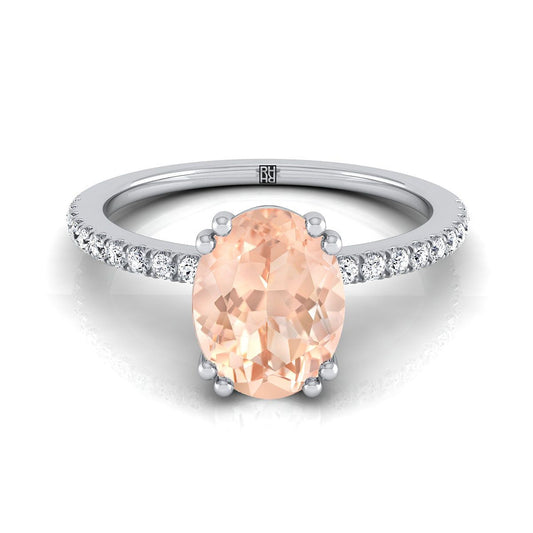 18K White Gold Oval Morganite Simple French Pave Double Claw Prong Diamond Engagement Ring -1/6ctw