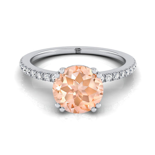 14K White Gold Round Brilliant Morganite Simple French Pave Double Claw Prong Diamond Engagement Ring -1/6ctw