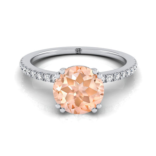 18K White Gold Round Brilliant Morganite Simple French Pave Double Claw Prong Diamond Engagement Ring -1/6ctw