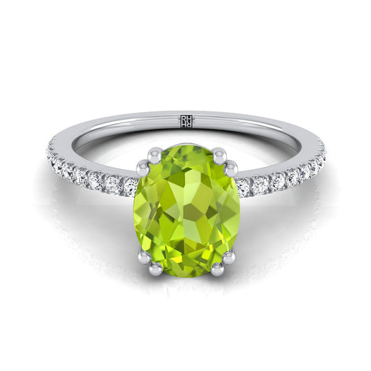14K White Gold Oval Peridot Simple French Pave Double Claw Prong Diamond Engagement Ring -1/6ctw