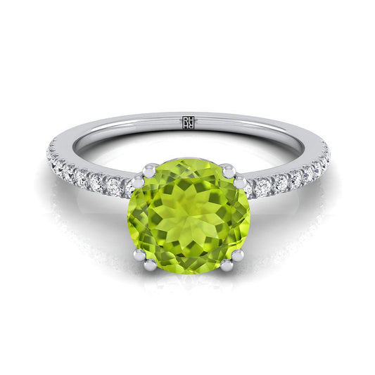 14K White Gold Round Brilliant Peridot Simple French Pave Double Claw Prong Diamond Engagement Ring -1/6ctw
