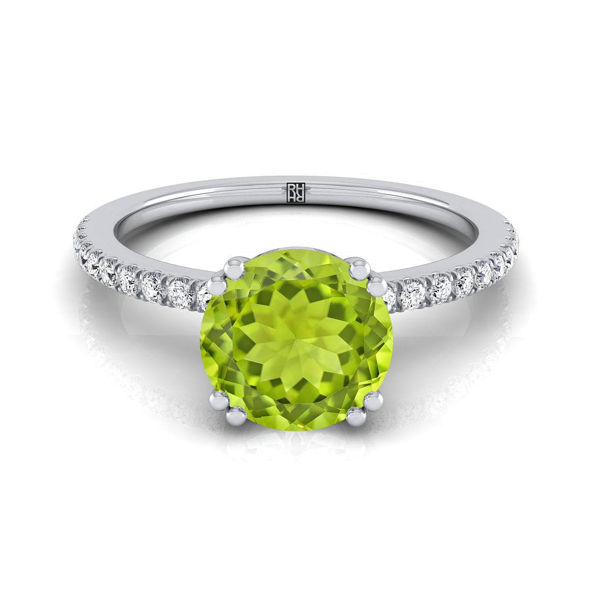 18K White Gold Round Brilliant Peridot Simple French Pave Double Claw Prong Diamond Engagement Ring -1/6ctw