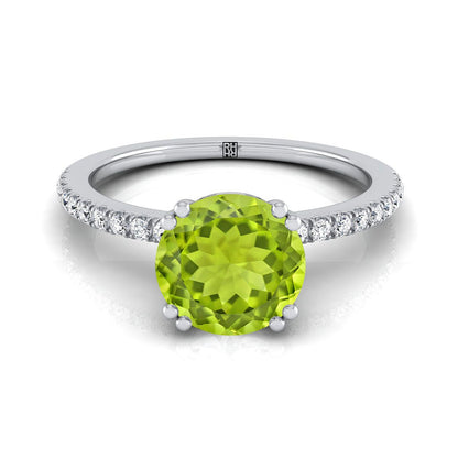 18K White Gold Round Brilliant Peridot Simple French Pave Double Claw Prong Diamond Engagement Ring -1/6ctw