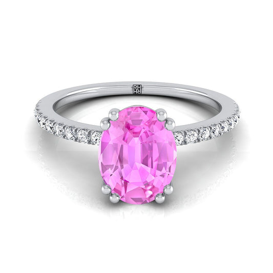 14K White Gold Oval Pink Sapphire Simple French Pave Double Claw Prong Diamond Engagement Ring -1/6ctw