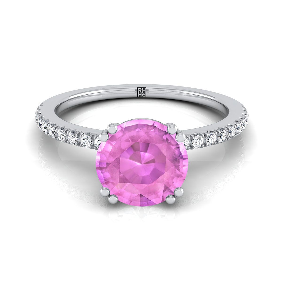 14K White Gold Round Brilliant Pink Sapphire Simple French Pave Double Claw Prong Diamond Engagement Ring -1/6ctw
