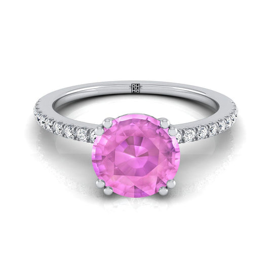 Platinum Round Brilliant Pink Sapphire Simple French Pave Double Claw Prong Diamond Engagement Ring -1/6ctw