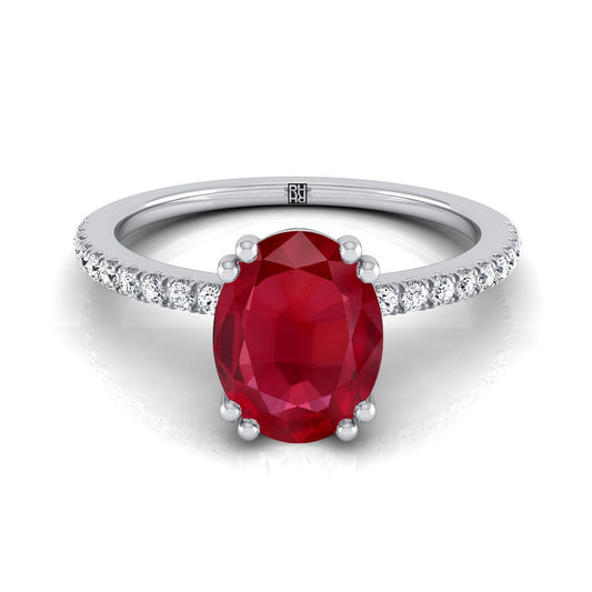 14K White Gold Oval Ruby Simple French Pave Double Claw Prong Diamond Engagement Ring -1/6ctw
