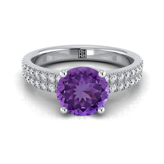 18K White Gold Round Brilliant Amethyst Double Pave Diamond Row Engagement Ring -1/4ctw