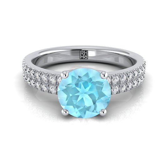 14K White Gold Round Brilliant Aquamarine Double Pave Diamond Row Engagement Ring -1/4ctw