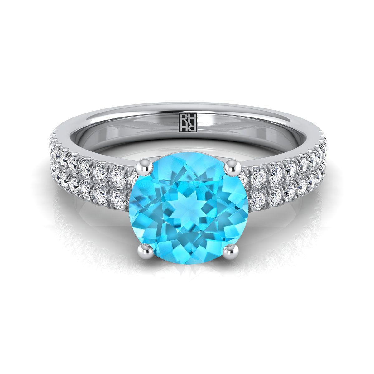 18K White Gold Round Brilliant Swiss Blue Topaz Double Pave Diamond Row Engagement Ring -1/4ctw