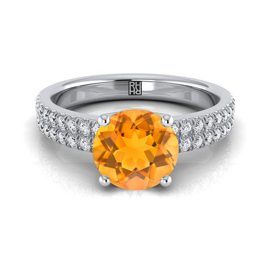 18K White Gold Round Brilliant Citrine Double Pave Diamond Row Engagement Ring -1/4ctw