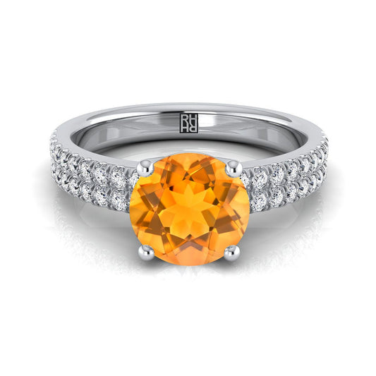 Platinum Round Brilliant Citrine Double Pave Diamond Row Engagement Ring -1/4ctw