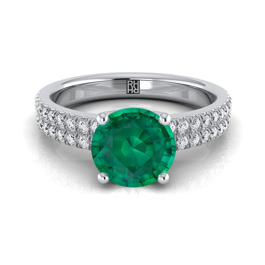 14K White Gold Round Brilliant Emerald Double Pave Diamond Row Engagement Ring -1/4ctw