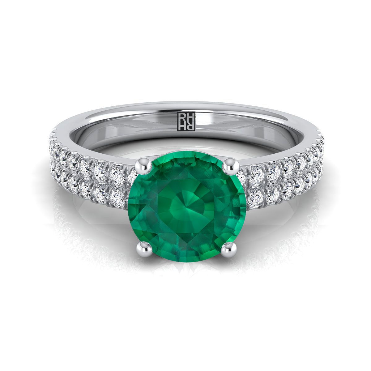 Platinum Round Brilliant Emerald Double Pave Diamond Row Engagement Ring -1/4ctw