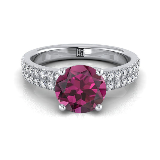 18K White Gold Round Brilliant Garnet Double Pave Diamond Row Engagement Ring -1/4ctw
