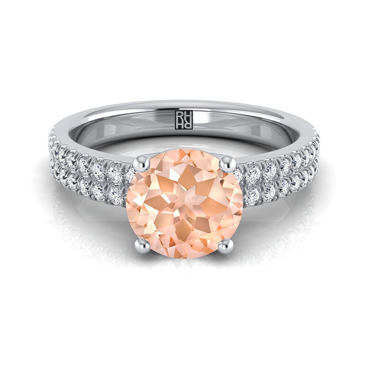14K White Gold Round Brilliant Morganite Double Pave Diamond Row Engagement Ring -1/4ctw