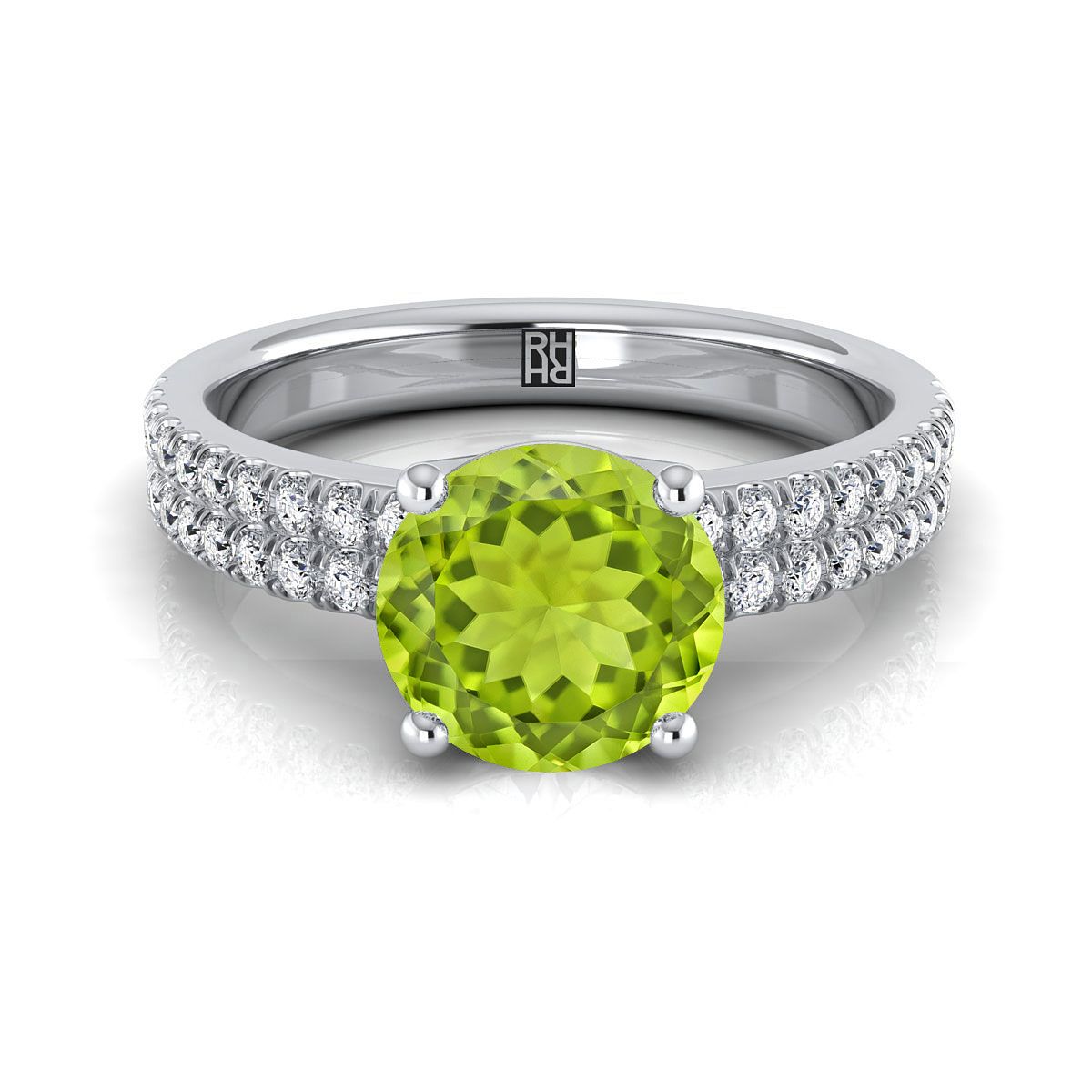 Platinum Round Brilliant Peridot Double Pave Diamond Row Engagement Ring -1/4ctw
