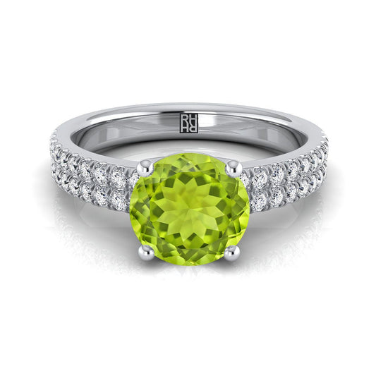 Platinum Round Brilliant Peridot Double Pave Diamond Row Engagement Ring -1/4ctw
