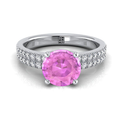 14K White Gold Round Brilliant Pink Sapphire Double Pave Diamond Row Engagement Ring -1/4ctw