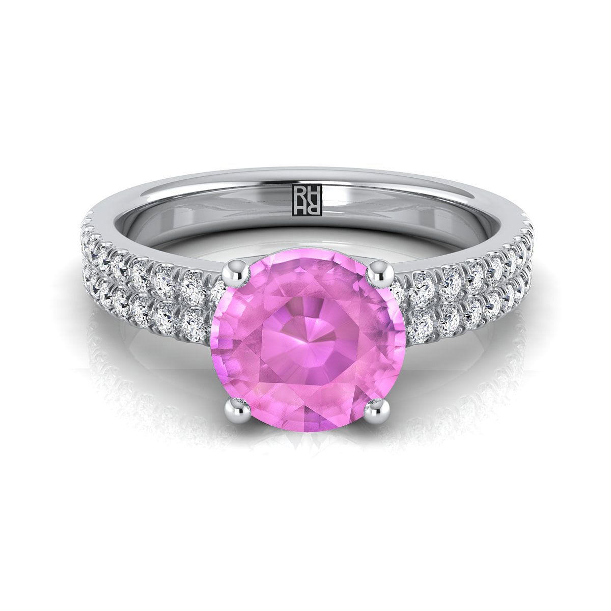 18K White Gold Round Brilliant Pink Sapphire Double Pave Diamond Row Engagement Ring -1/4ctw