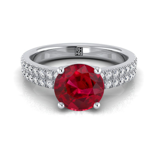 18K White Gold Round Brilliant Ruby Double Pave Diamond Row Engagement Ring -1/4ctw
