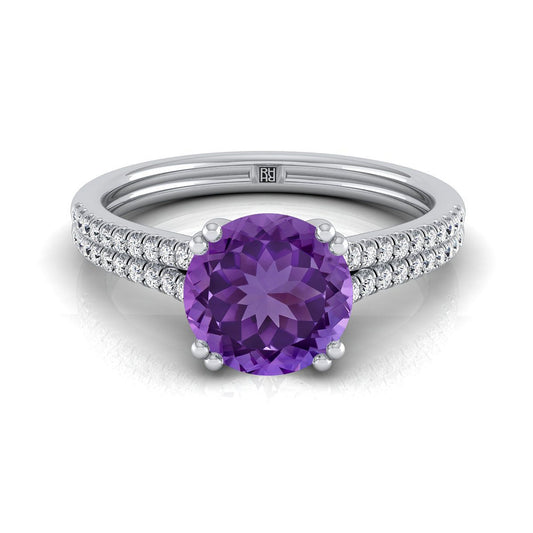 18K White Gold Round Brilliant Amethyst Double Row Double Prong French Pave Diamond Engagement Ring -1/6ctw