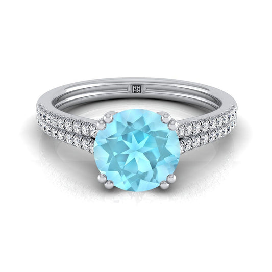 14K White Gold Round Brilliant Aquamarine Double Row Double Prong French Pave Diamond Engagement Ring -1/6ctw