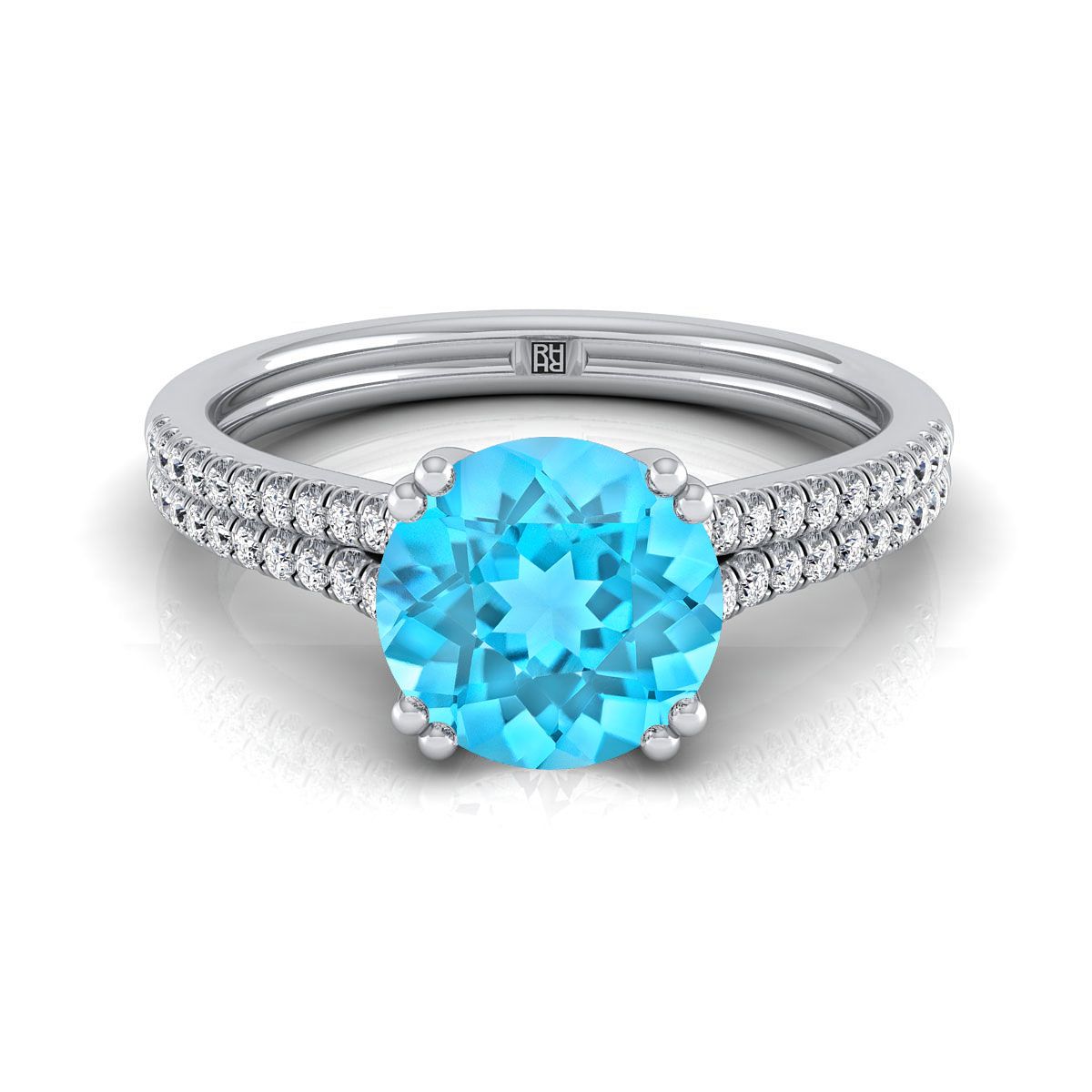 Platinum Round Brilliant Swiss Blue Topaz Double Row Double Prong French Pave Diamond Engagement Ring -1/6ctw