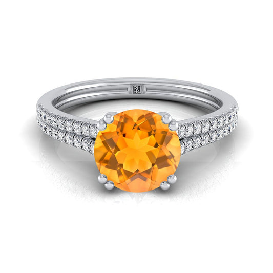 18K White Gold Round Brilliant Citrine Double Row Double Prong French Pave Diamond Engagement Ring -1/6ctw