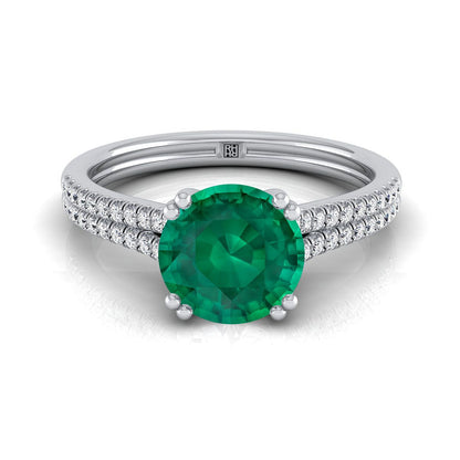 14K White Gold Round Brilliant Emerald Double Row Double Prong French Pave Diamond Engagement Ring -1/6ctw