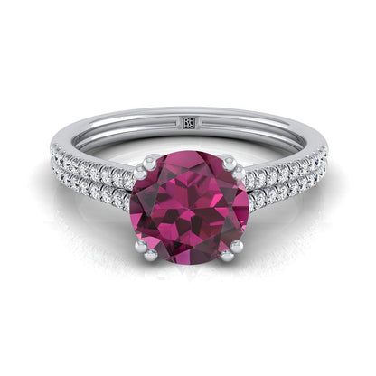 Platinum Round Brilliant Garnet Double Row Double Prong French Pave Diamond Engagement Ring -1/6ctw