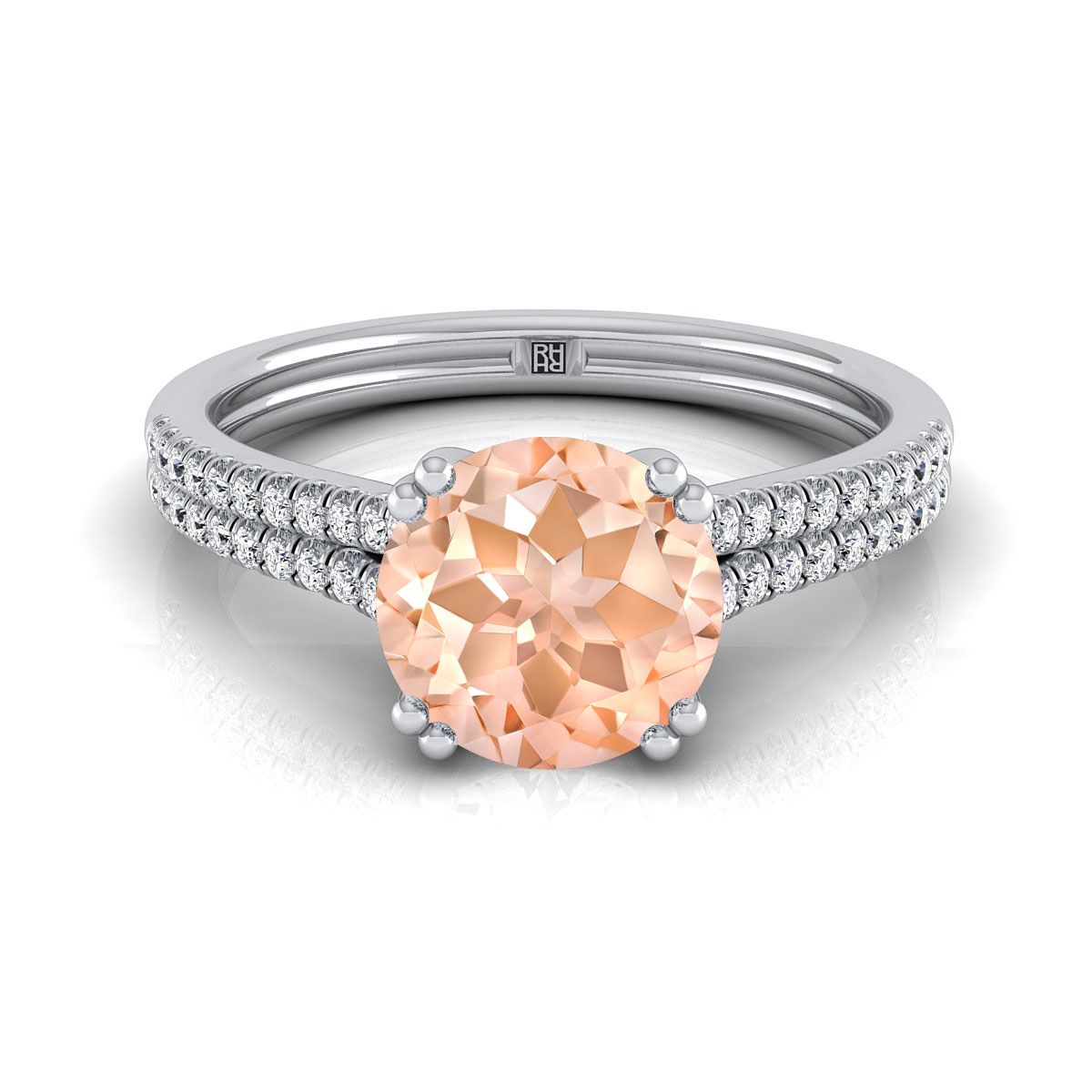 Platinum Round Brilliant Morganite Double Row Double Prong French Pave Diamond Engagement Ring -1/6ctw