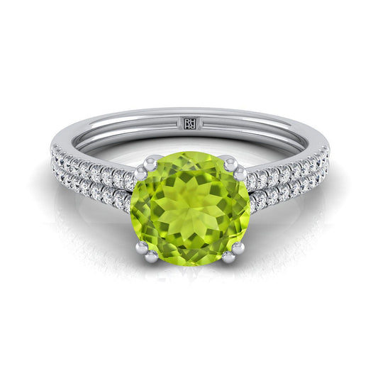 14K White Gold Round Brilliant Peridot Double Row Double Prong French Pave Diamond Engagement Ring -1/6ctw