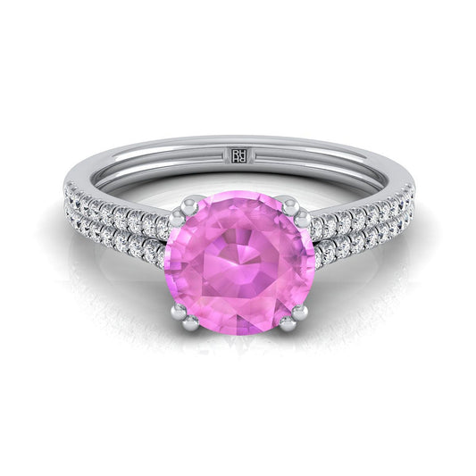 14K White Gold Round Brilliant Pink Sapphire Double Row Double Prong French Pave Diamond Engagement Ring -1/6ctw