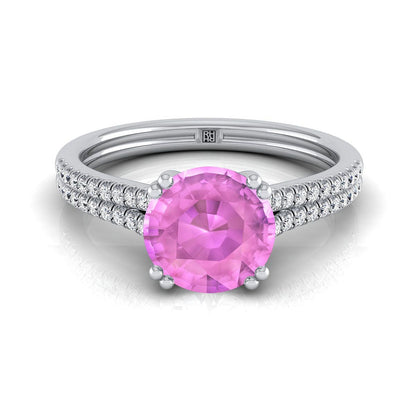 18K White Gold Round Brilliant Pink Sapphire Double Row Double Prong French Pave Diamond Engagement Ring -1/6ctw