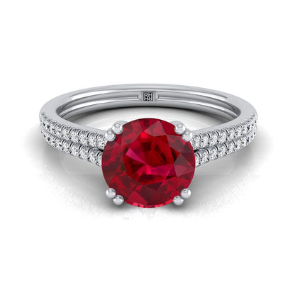 14K White Gold Round Brilliant Ruby Double Row Double Prong French Pave Diamond Engagement Ring -1/6ctw
