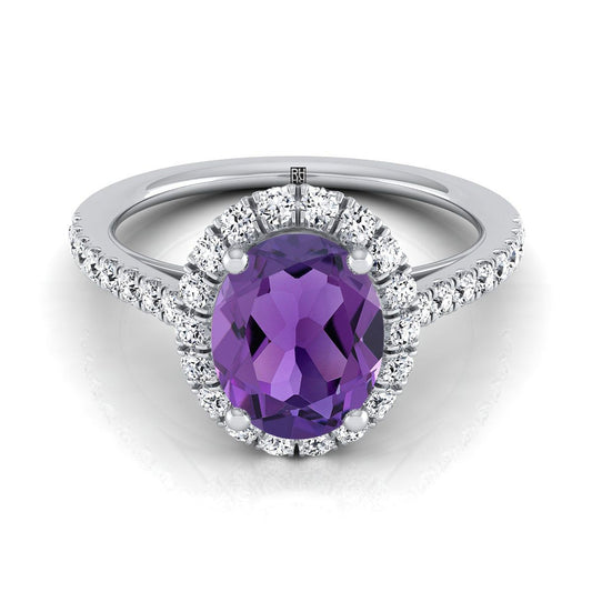 14K White Gold Oval Amethyst Petite Halo French Diamond Pave Engagement Ring -3/8ctw