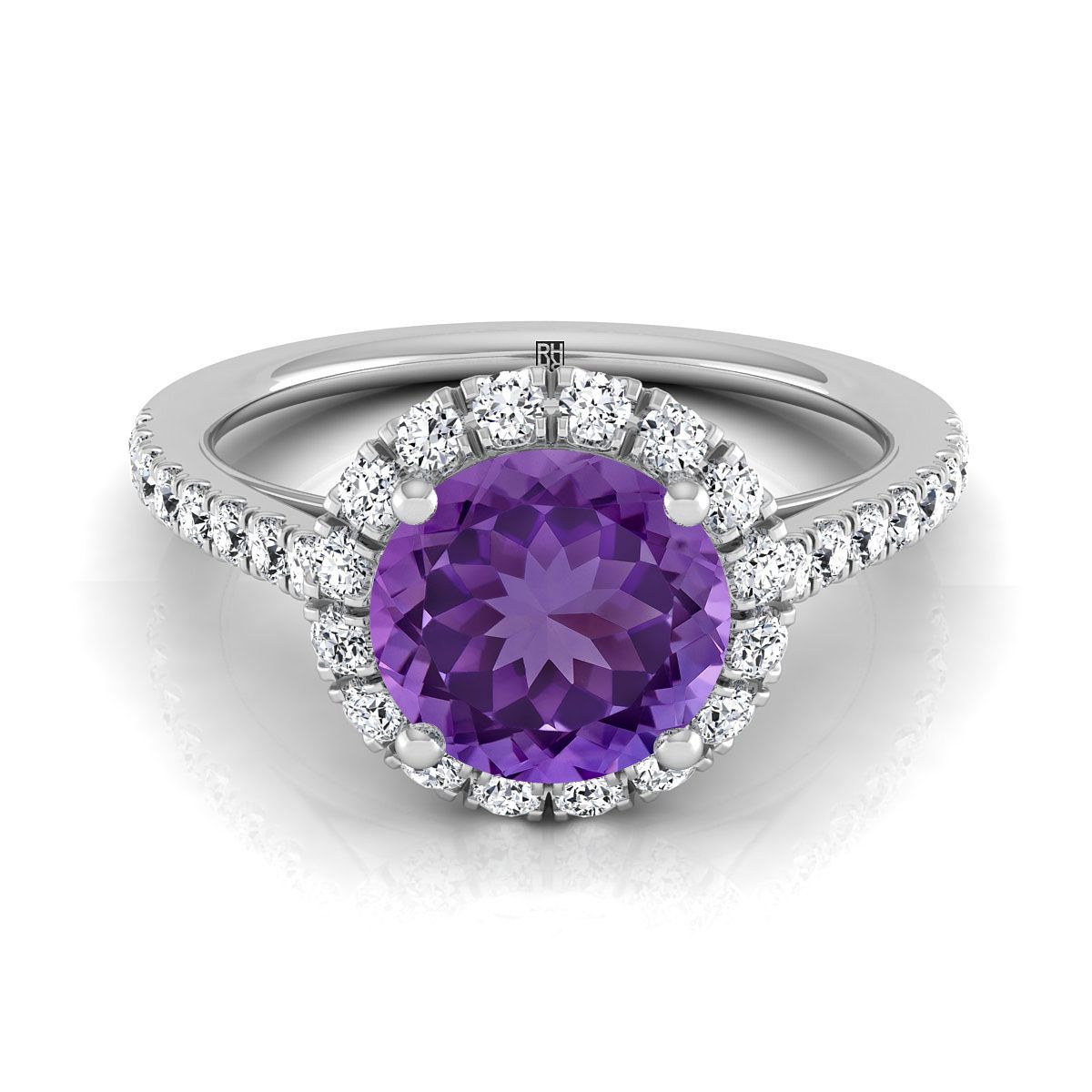 Platinum Round Brilliant Amethyst Petite Halo French Diamond Pave Engagement Ring -3/8ctw