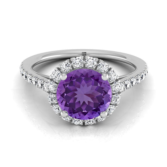 18K White Gold Round Brilliant Amethyst Petite Halo French Diamond Pave Engagement Ring -3/8ctw