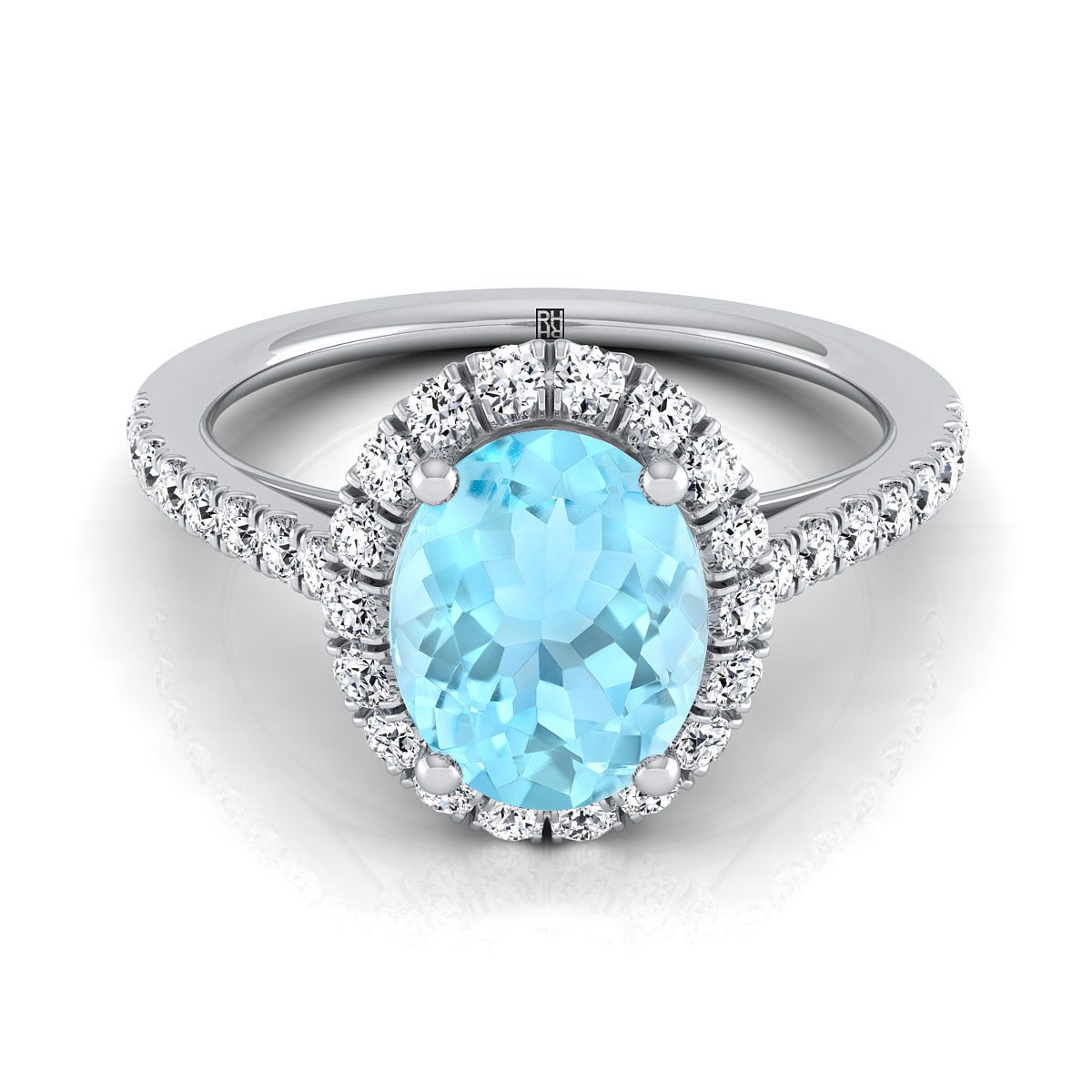 Platinum Oval Aquamarine Petite Halo French Diamond Pave Engagement Ring -3/8ctw