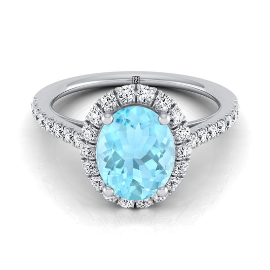 18K White Gold Oval Aquamarine Petite Halo French Diamond Pave Engagement Ring -3/8ctw