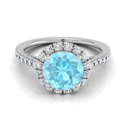 Platinum Round Brilliant Aquamarine Petite Halo French Diamond Pave Engagement Ring -3/8ctw